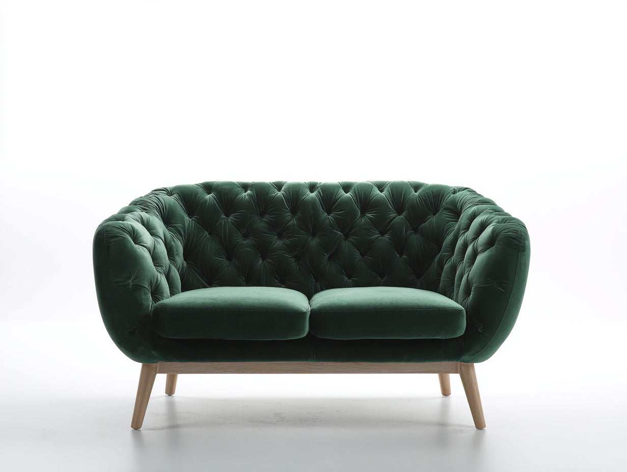 Sofás 2 plazas de terciopelo 160 x 86 x 80 cm - verde oscuro-madera natural - capitoné envolvente y patas inclinadas
