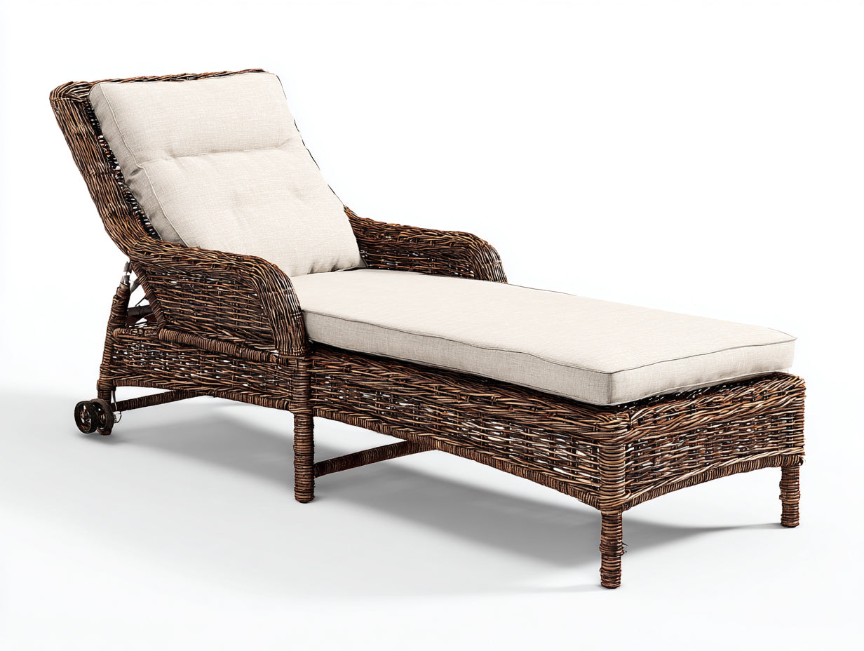 Tumbonas de ratán 190 x 75 x 92 cm - Marrón y beige - Respaldo reclinable y ruedas traseras