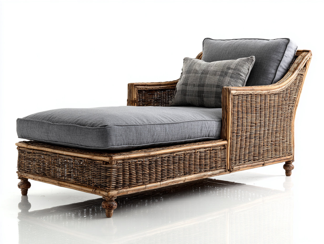 Tumbonas de ratán 170x85x90 cm - Gris y marrón natural - Asiento acolchado - Diseño chaise longue clásico