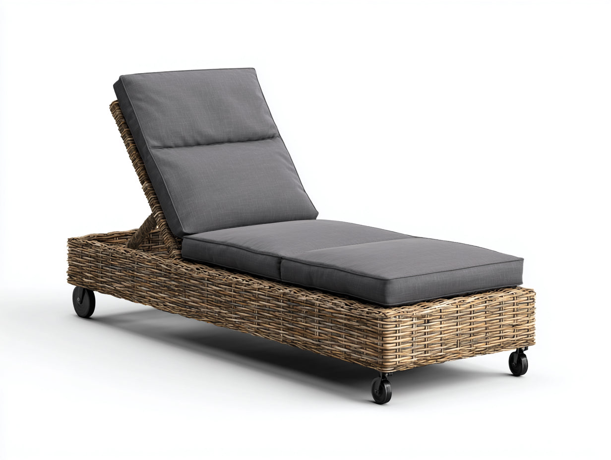 Tumbonas de ratán sintético 200 x 72 x 34 cm - marrón natural-gris oscuro - respaldo regulable y ruedas integradas