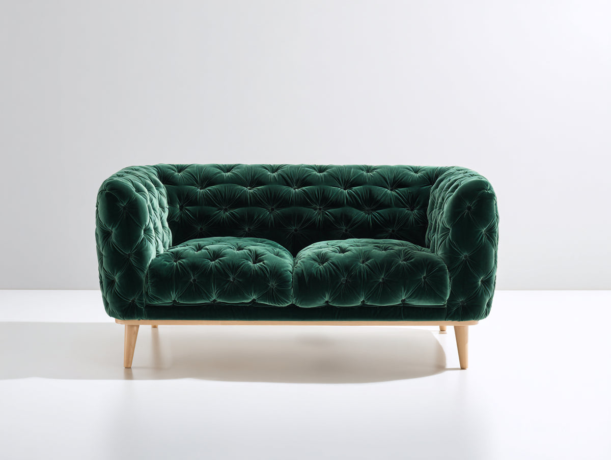 Sofás 2 plazas tapizados en terciopelo 180x88x82 cm - verde esmeralda y madera natural - diseño capitoné con patas altas