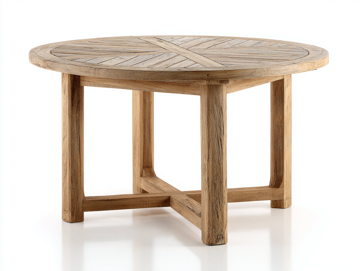 Mesas de jardín de madera maciza 120x120x75 cm - mesa redonda marrón natural - estilo rústico con tablero radial