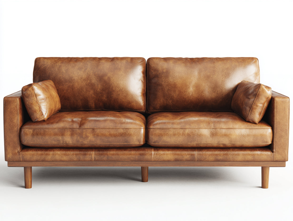 Sofás 2 plazas tapizado efecto cuero 195x90x85 cm - Marrón coñac - Base y patas de madera - Diseño moderno de inspiración vintage