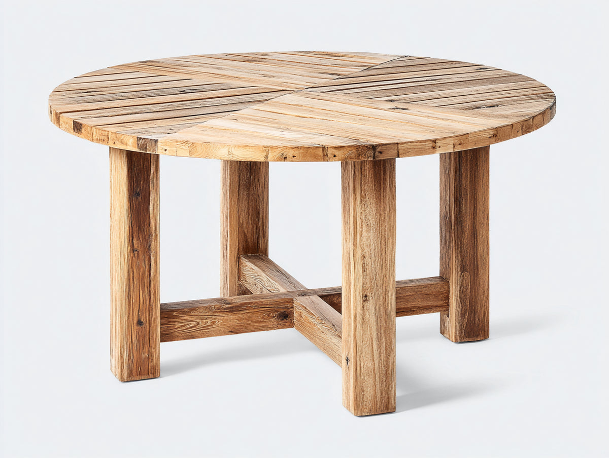 Mesas de jardín de madera 120 x 120 x 75 cm - Marrón natural - Tablero redondo de listones y estilo rústico