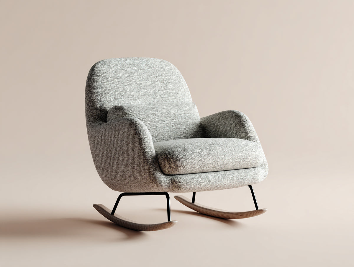 Mecedoras tapizadas en tejido bouclé 84 x 92 x 98 cm - Gris claro y marrón - Base de madera curvada y estructura metálica