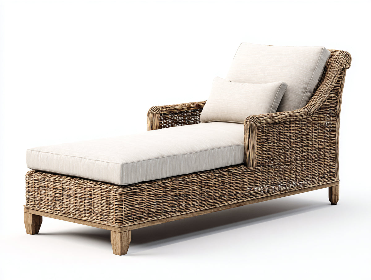 Tumbonas de jardín de ratán trenzado y madera 205x82x100 cm - marrón y blanco roto - diseño rústico con respaldo alto