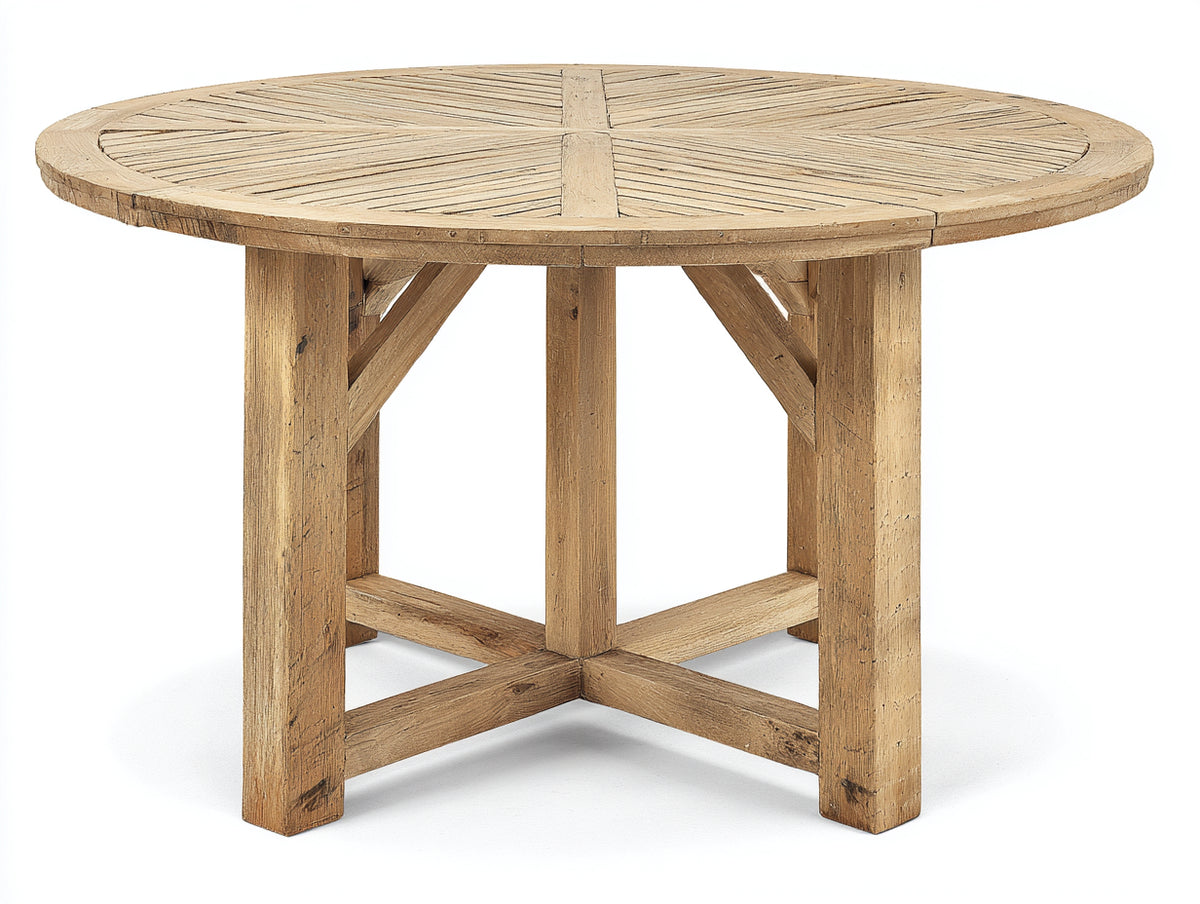 Mesas de jardín de madera 130 x 130 x 75 cm - marrón natural - tablero redondo con diseño radial y estructura reforzada