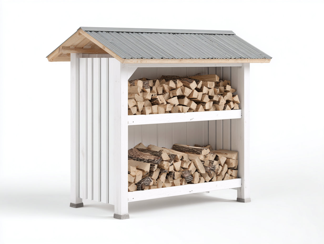 Leñero de jardín de madera 150 x 70 x 170 cm - Blanco y gris - Tejado metálico y almacenamiento en dos niveles