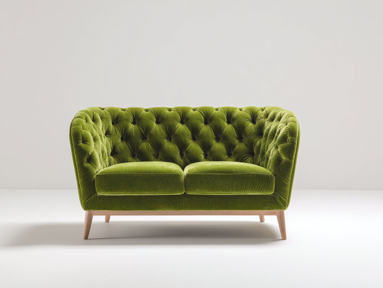 Sofás 2 plazas tapizado en terciopelo 160x82x76 cm - verde oliva y madera natural - diseño capitoné