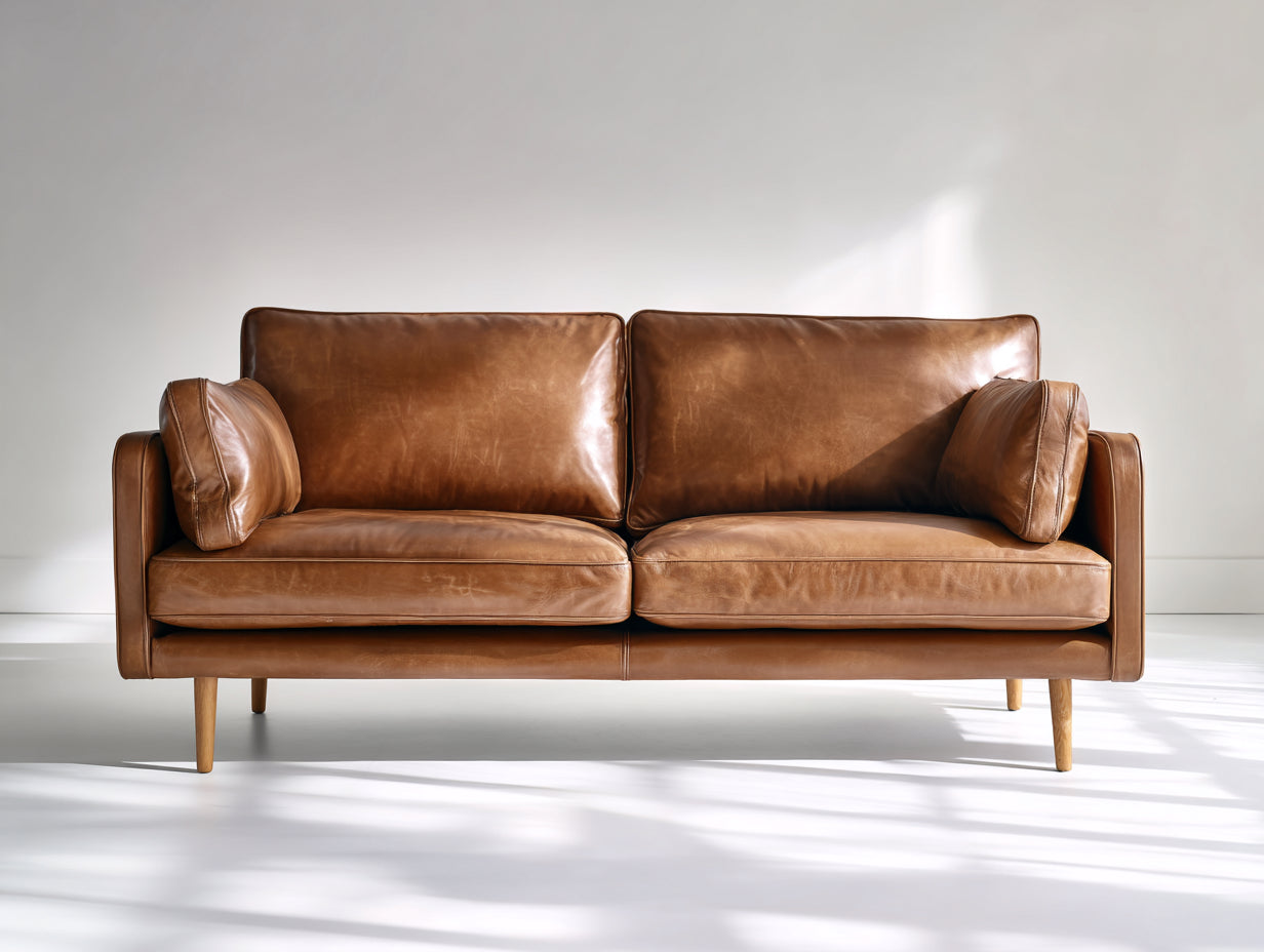 Sofás 2 plazas tapizados efecto cuero 185x88x84 cm - marrón coñac y madera natural - diseño moderno con patas altas