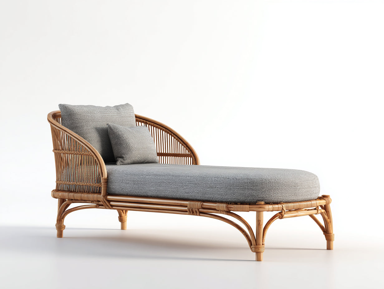 Tumbonas de ratán 185x78x88 cm - Gris y marrón natural - Colchoneta acolchada - Diseño chaise longue con respaldo envolvente