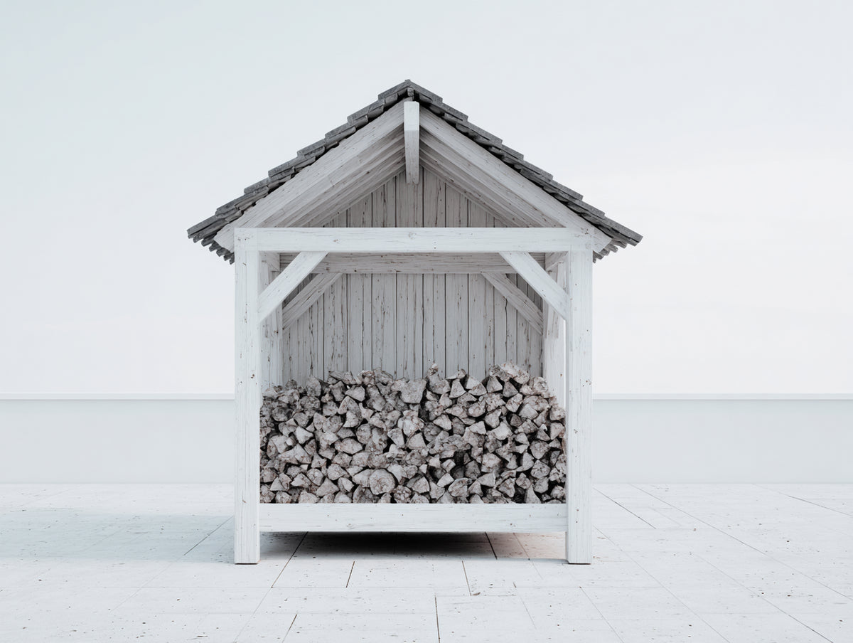 Leñero de jardín de madera 120x60x170 cm - Blanco y gris - Tejado a dos aguas - Almacenamiento exterior rústico