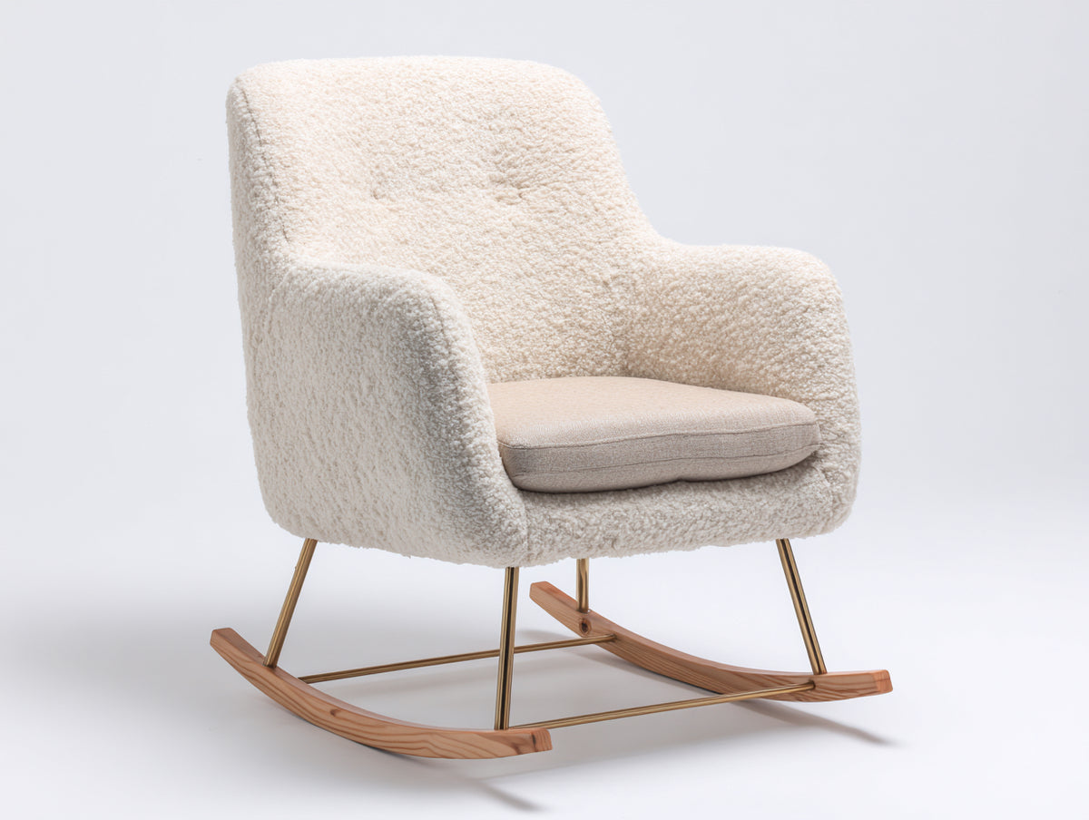 Mecedoras tapizadas en tejido bouclé 82 x 88 x 96 cm - Crema y marrón natural - Patines curvados y estructura metálica