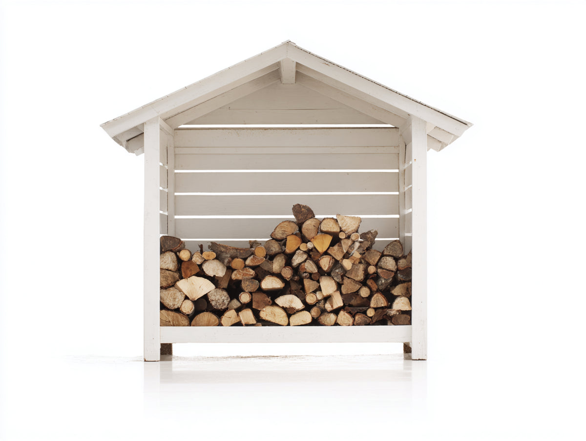 Leñero de jardín de madera maciza 150 x 65 x 175 cm - Blanco - Tejado a dos aguas y diseño ventilado