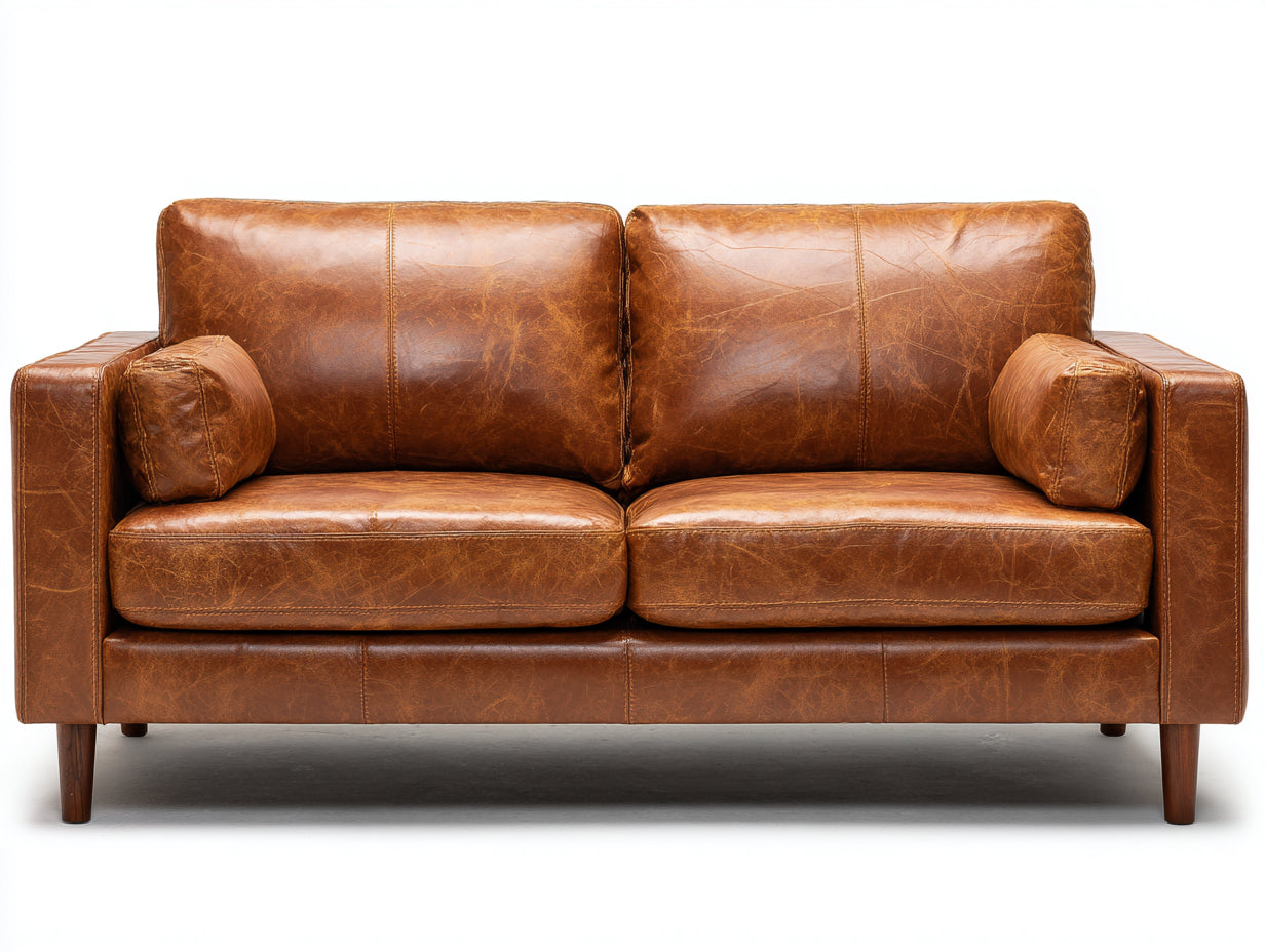 Sofás 2 plazas tapizados efecto cuero 170 x 90 x 84 cm - Marrón coñac - Patas de madera y estilo vintage