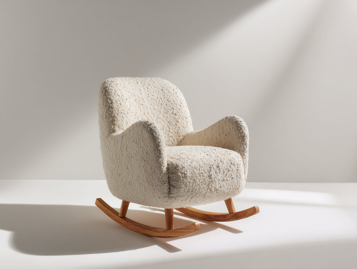 Mecedoras tapizadas en tejido bouclé 82 x 90 x 95 cm - Crema y marrón natural - Base de madera curvada y diseño envolvente