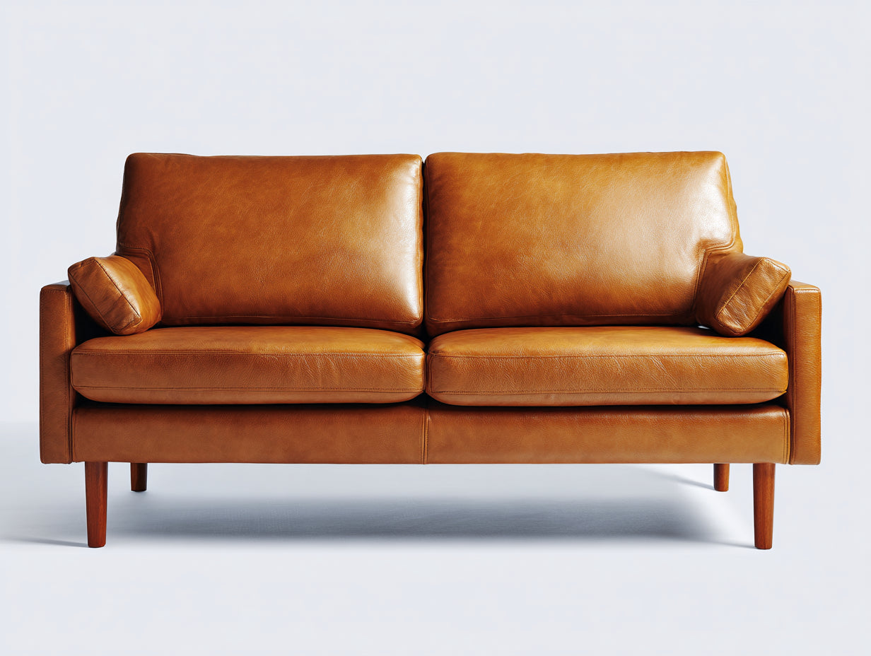 Sofás 2 plazas tapizado efecto cuero 190x88x84 cm - Marrón caramelo - Patas de madera - Diseño moderno de inspiración retro