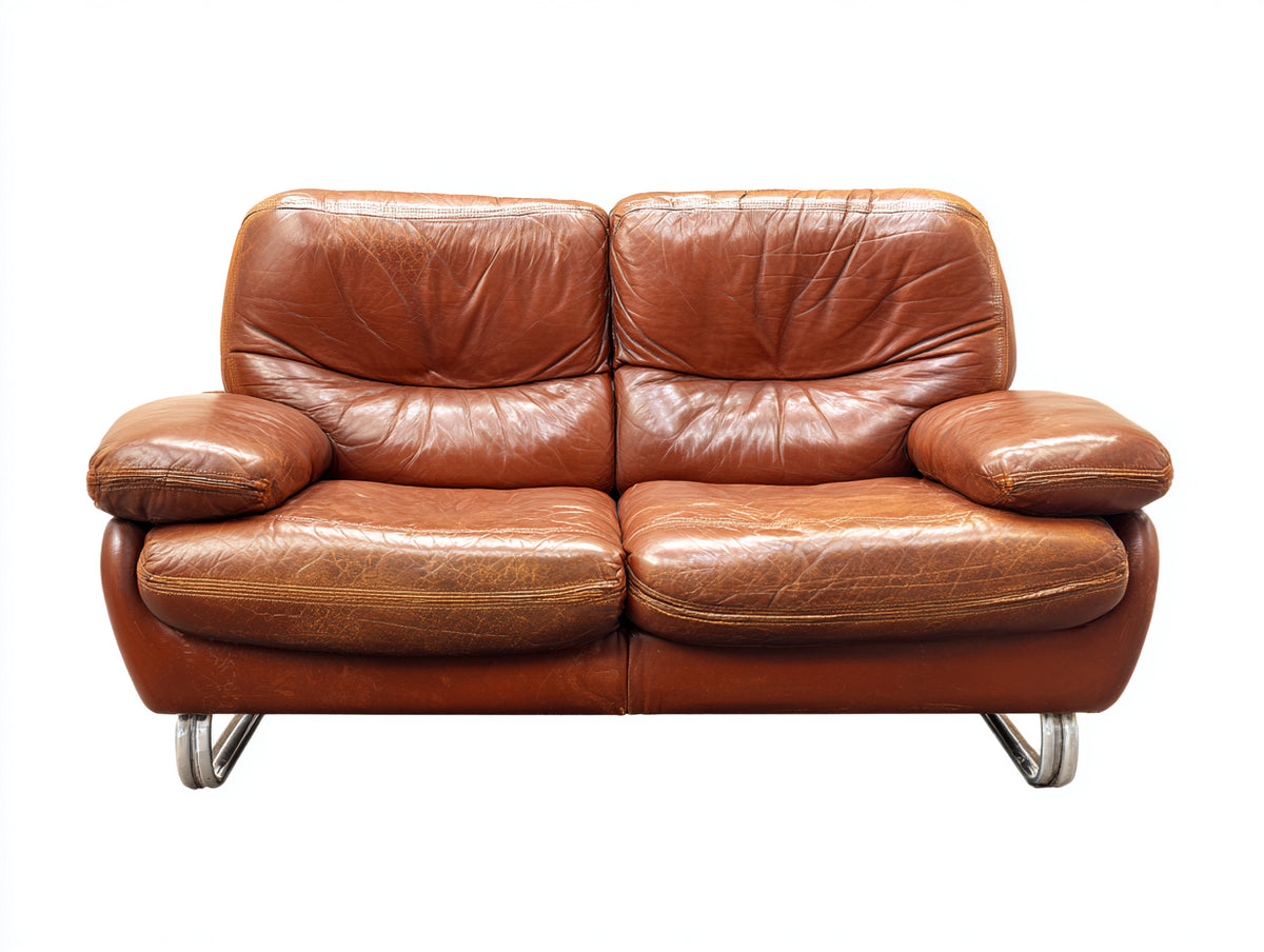 Sofás 2 plazas tapizado efecto cuero 186x90x82 cm - marrón coñac y cromado - patas tipo patín