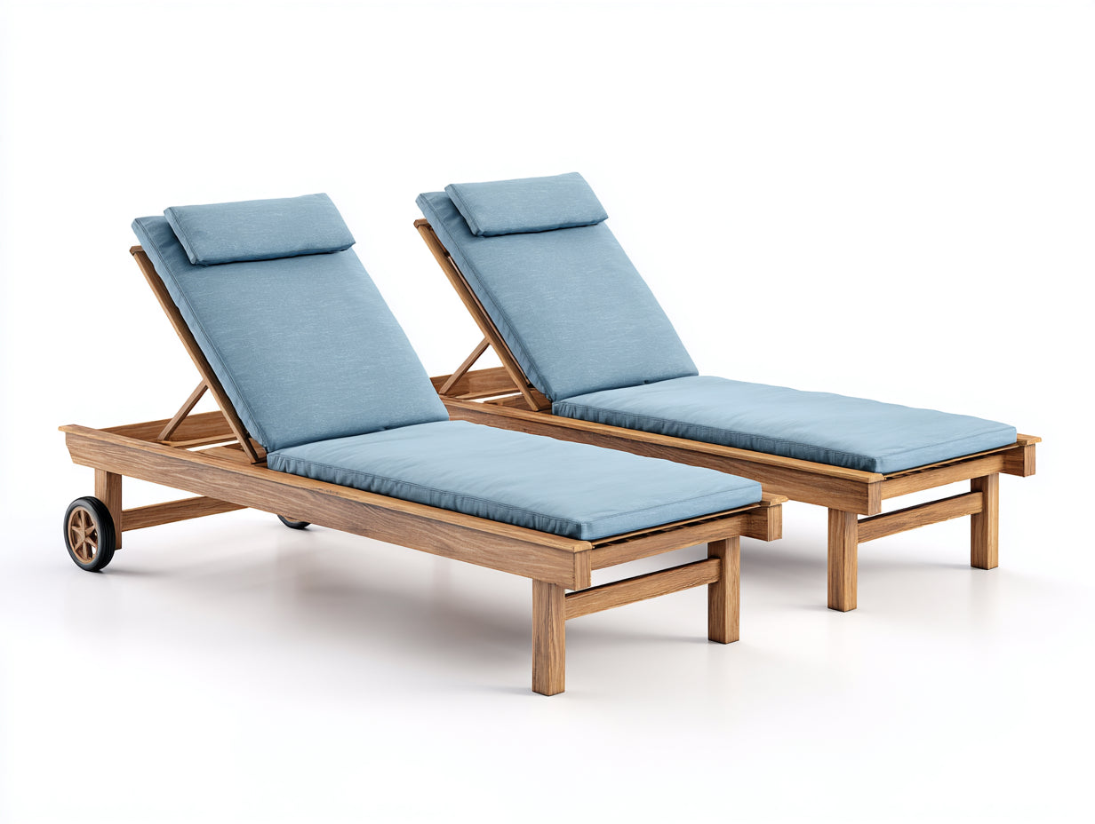 Tumbonas de jardín de madera con superficie acolchada 200x65x35 cm - azul claro y madera natural - respaldo ajustable