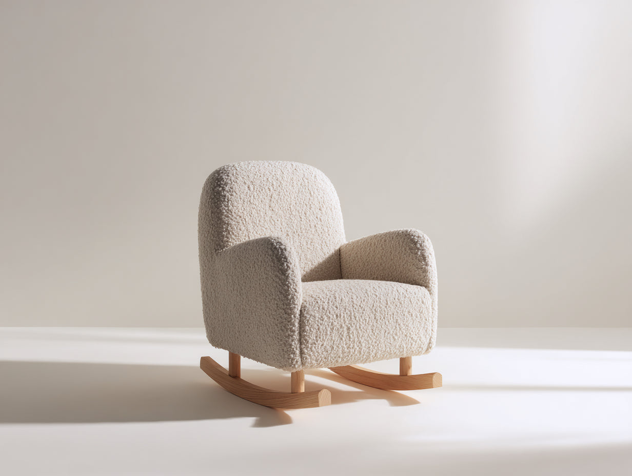 Mecedoras tapizadas 74x84x98 cm - Crema y marrón natural - Tejido bouclé - Patines de madera con diseño compacto