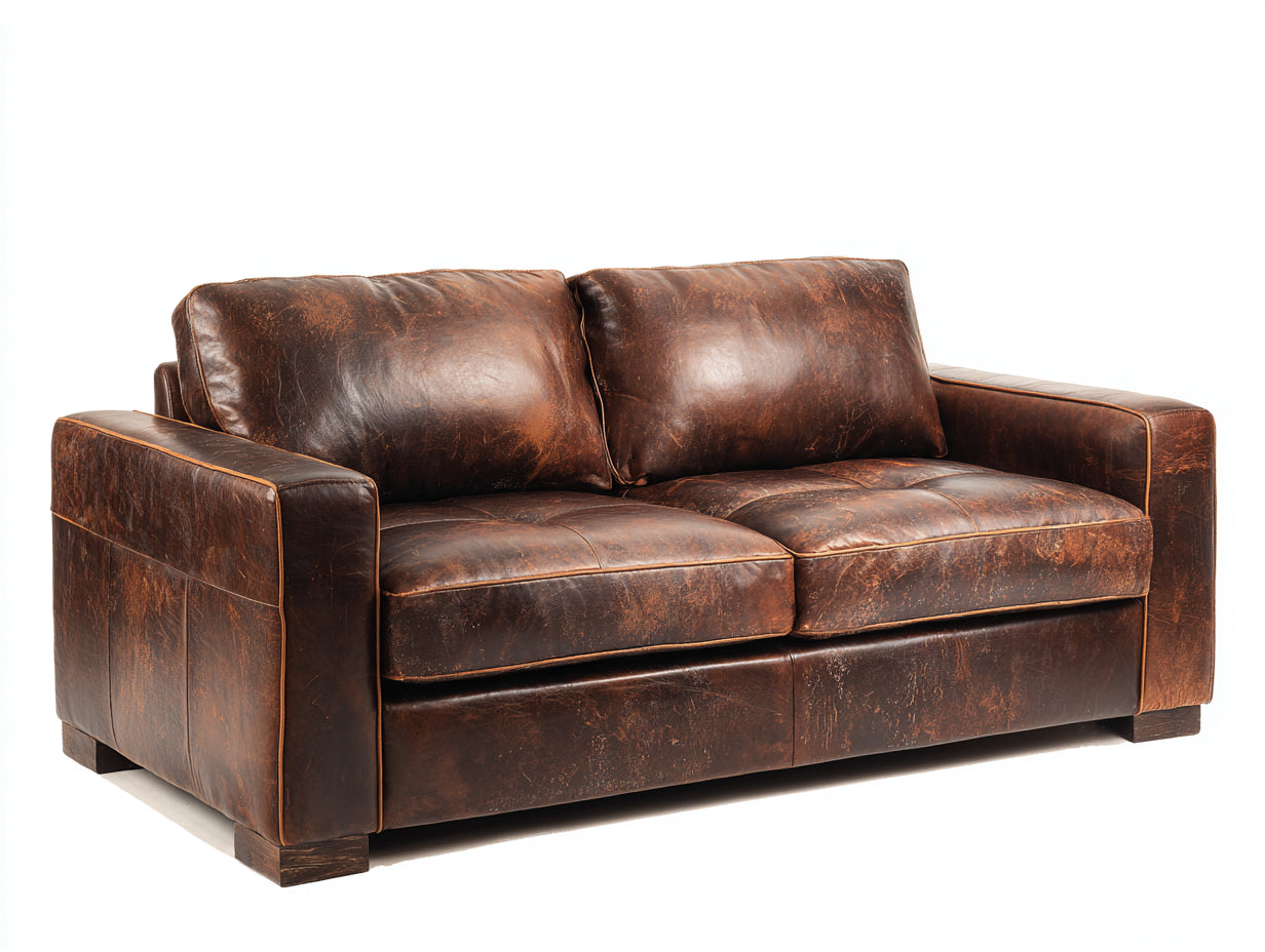 Sofás 2 plazas tapizado efecto cuero 176x92x82 cm - Marrón oscuro - Patas de madera - Diseño vintage con reposabrazos anchos